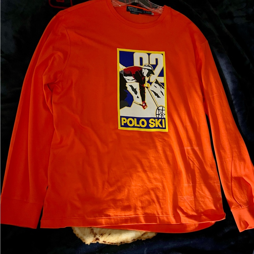 Vintage Ralph Lauren POLO SKI 92 Graphic Print Long Sleeve T-Shirt Orange